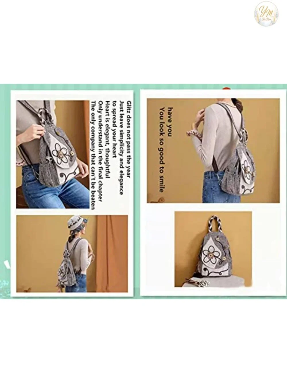 Boho Handwoven Canvas Backpack Purse Multi-Pocket Convertible Sling Daypack